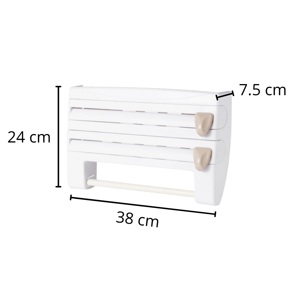 Support mural 4-en-1 pour film étirable et papier essuie-tout