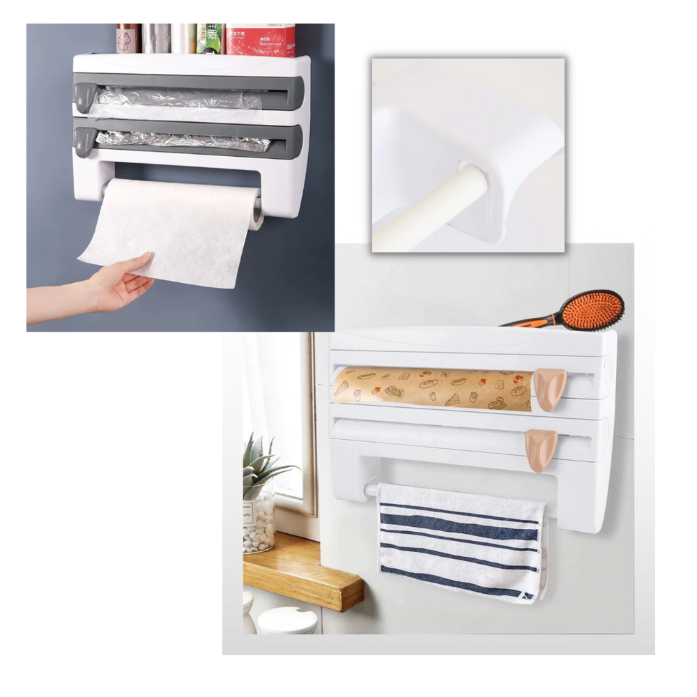 Support mural 4-en-1 pour film étirable et papier essuie-tout